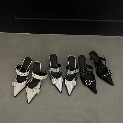 Point Toe Flare Heel Buckle Sandals Carauana Store
