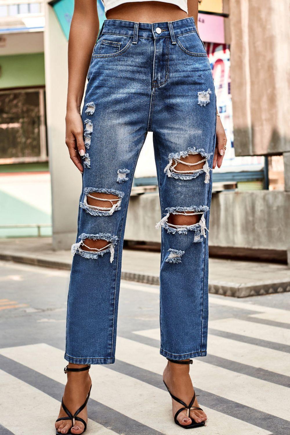 Distressed High Waist Straight Jeans