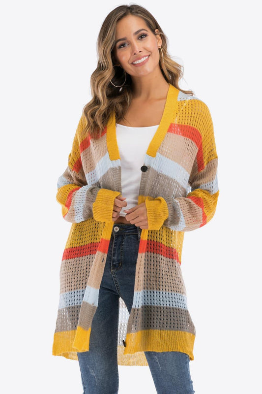 Color Block Openwork Long Sleeve Cardigan Carauana Store