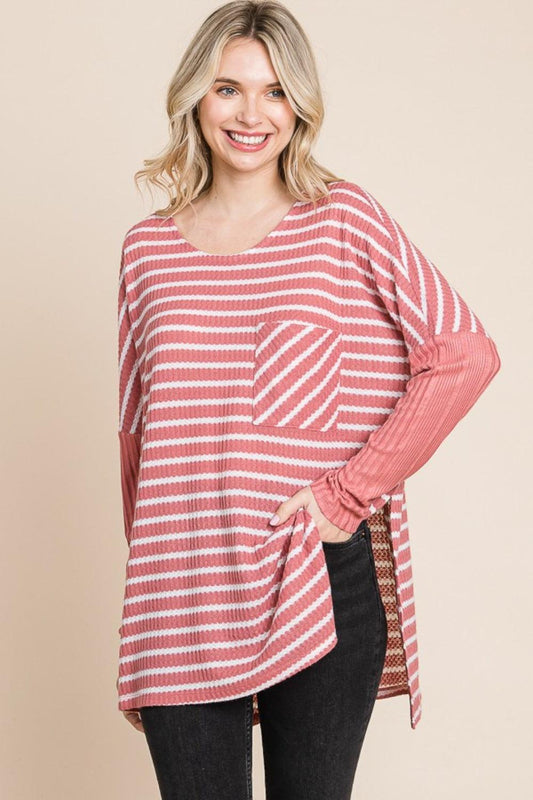 Culture Code Oversize Striped Round Neck Long Sleeve Slit T-Shirt Carauana Store