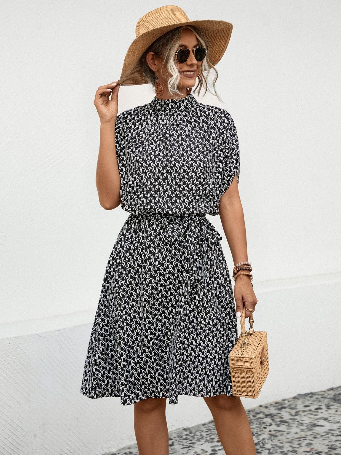 Tied Printed Mock Neck Short Sleeve Dress