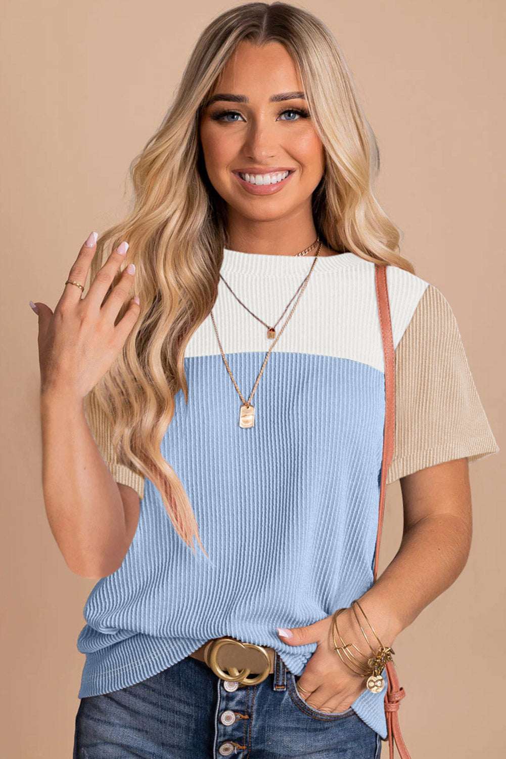 Light Blue Rib Textured Colorblock T Shirt CaRaUaNa Fashion