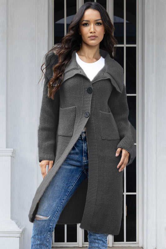 Pocketed Button Up Collared Neck Cardigan Carauana Store