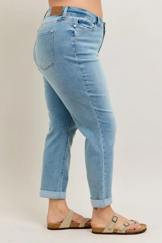 Judy Blue Full Size V-Front Cuff Boyfriend Jeans Plus Size