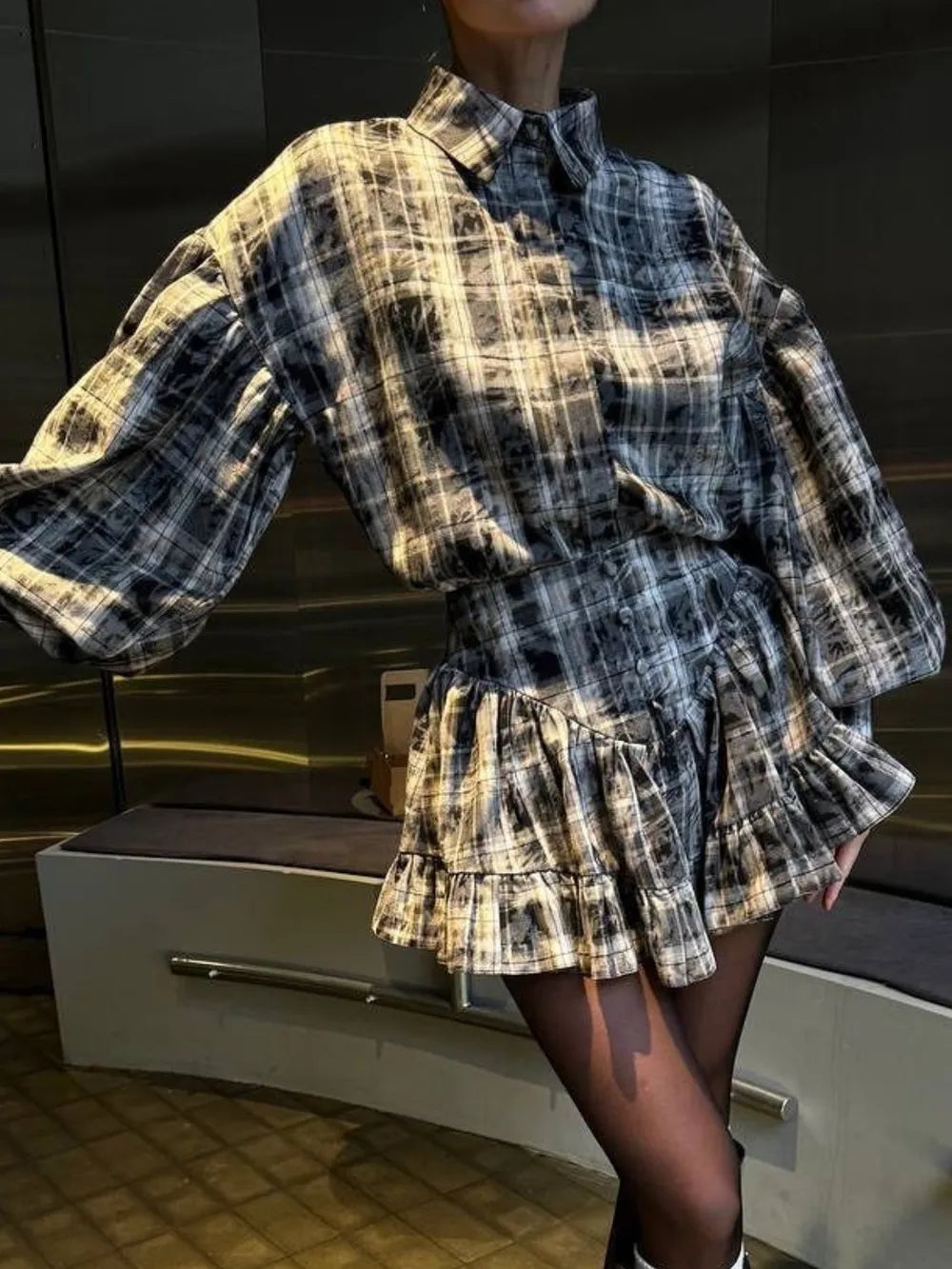 Lantern Sleeve Shirt and Ruffled Skirt Set Carauana Store