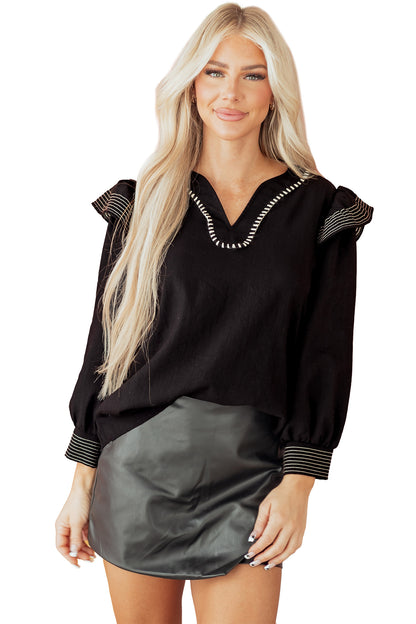 Black Contrast Stitched Detail V Neck Ruffle Long Sleeve Blouse