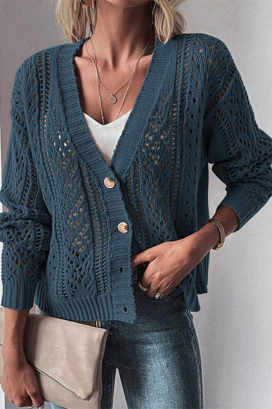 Openwork Button Up Long Sleeve Cardigan Carauana Store