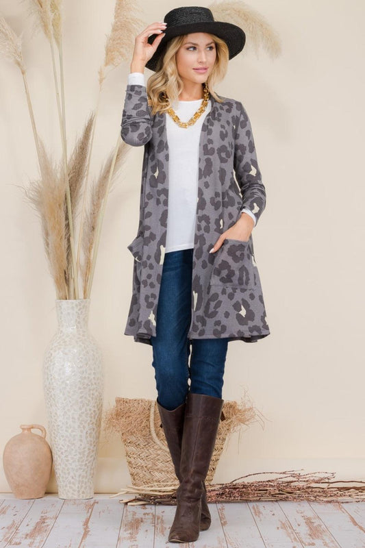 Celeste Full Size Leopard Open Front Contrast Cardigan Carauana Store