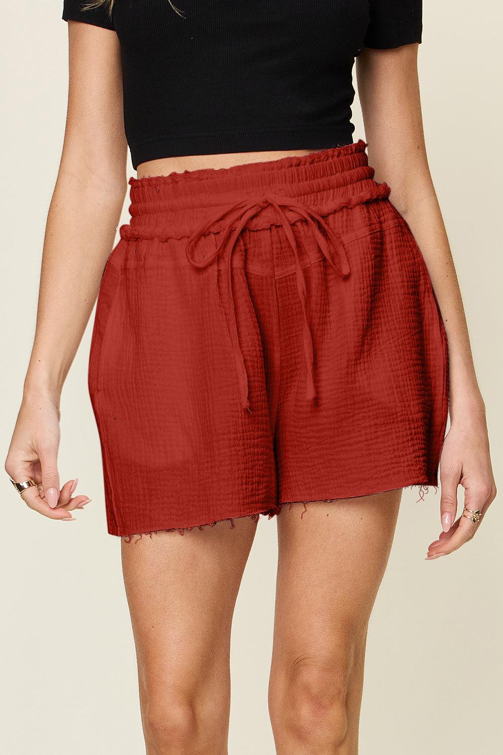 Double Take Full Size Texture Raw Trim Drawstring Shorts