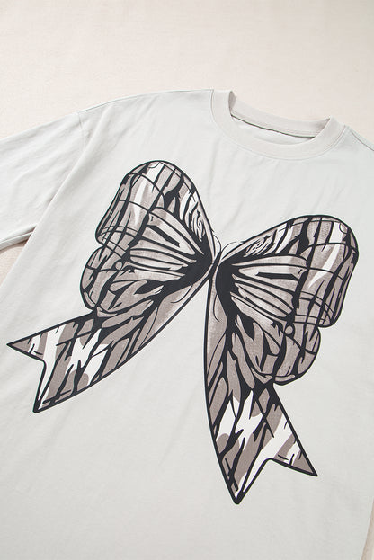Casual Oversize Big Bow Printed Drop Shoulder Tunic Casual Tee