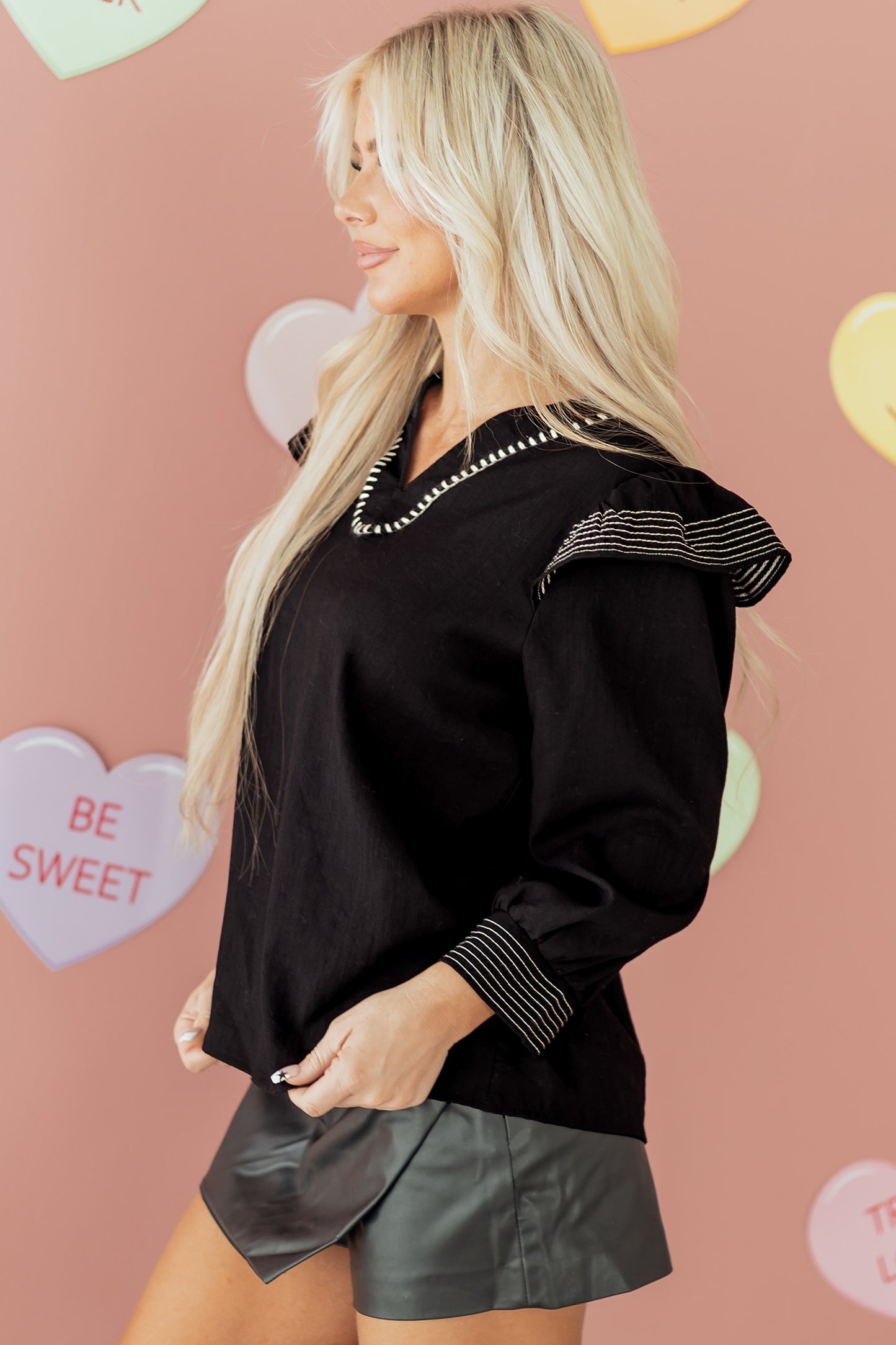 Black Contrast Stitched Detail V Neck Ruffle Long Sleeve Blouse