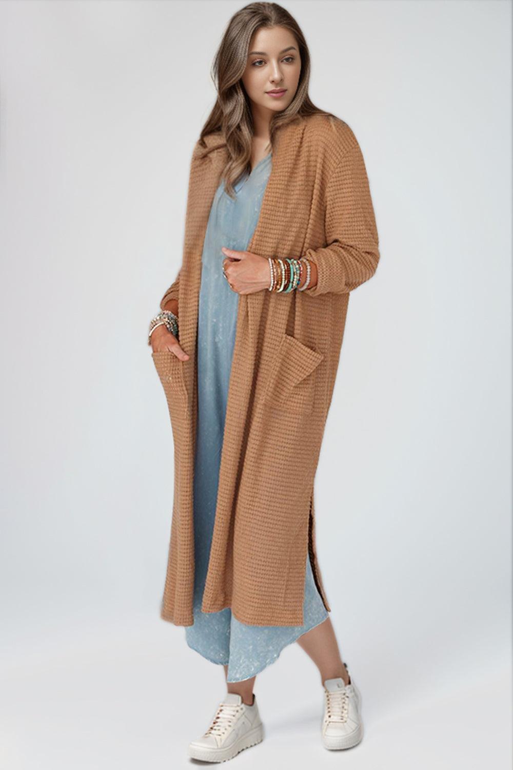 Open Front Long Sleeve Longline Slit Cardigan