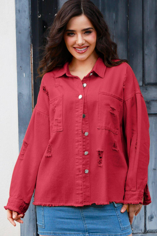 Distressed Button Up Raw Hem Denim Jacket Carauana Store