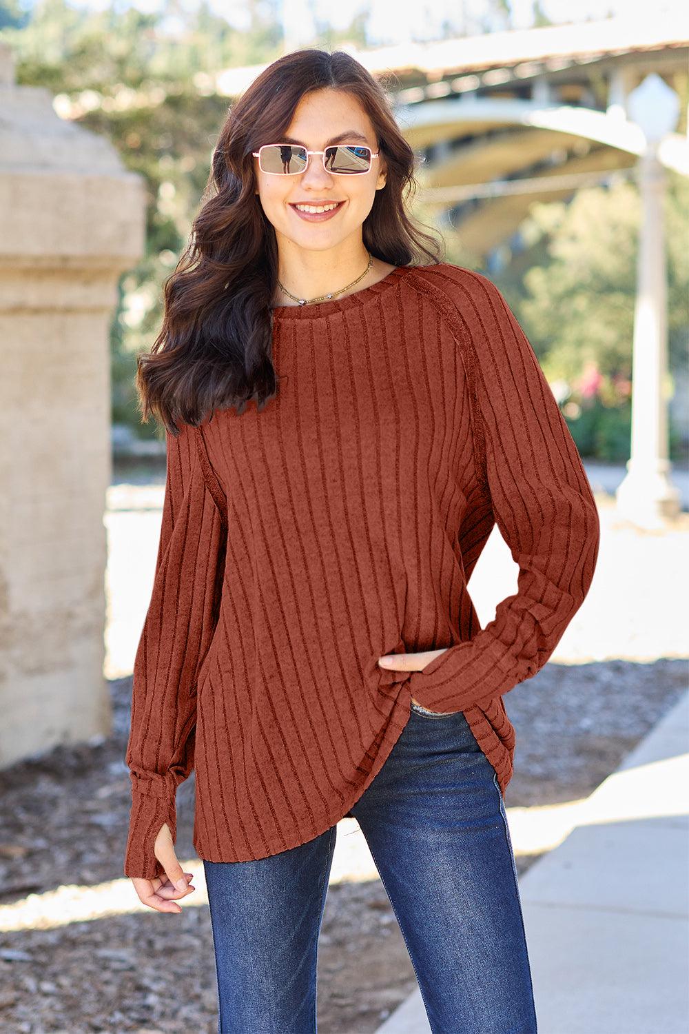 Basic Bae Full Size Ribbed Round Neck Long Sleeve Knit Top