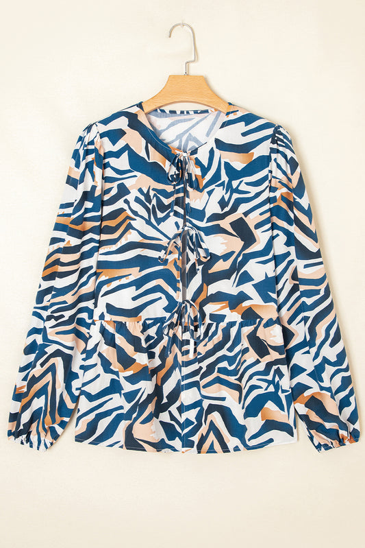 Blue Zebra Print Tied Front Puff Sleeve Top