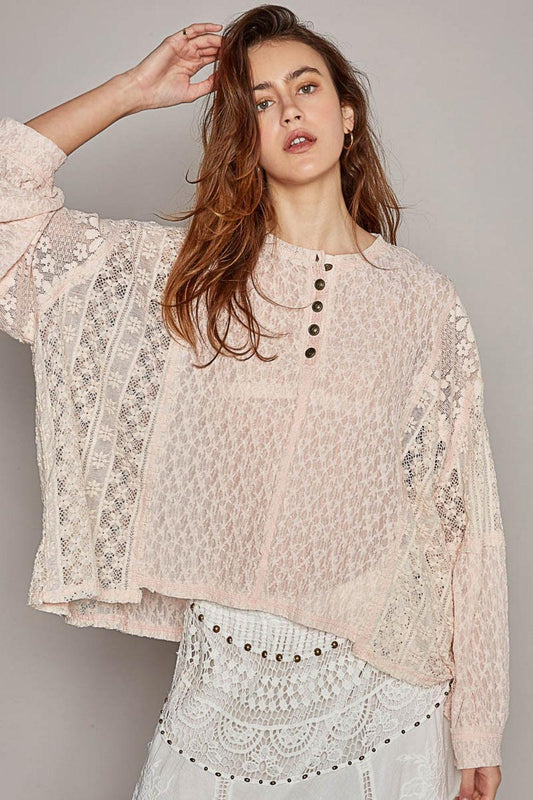 POL Round Neck Long Sleeve Raw Edge Lace Top Carauana Store