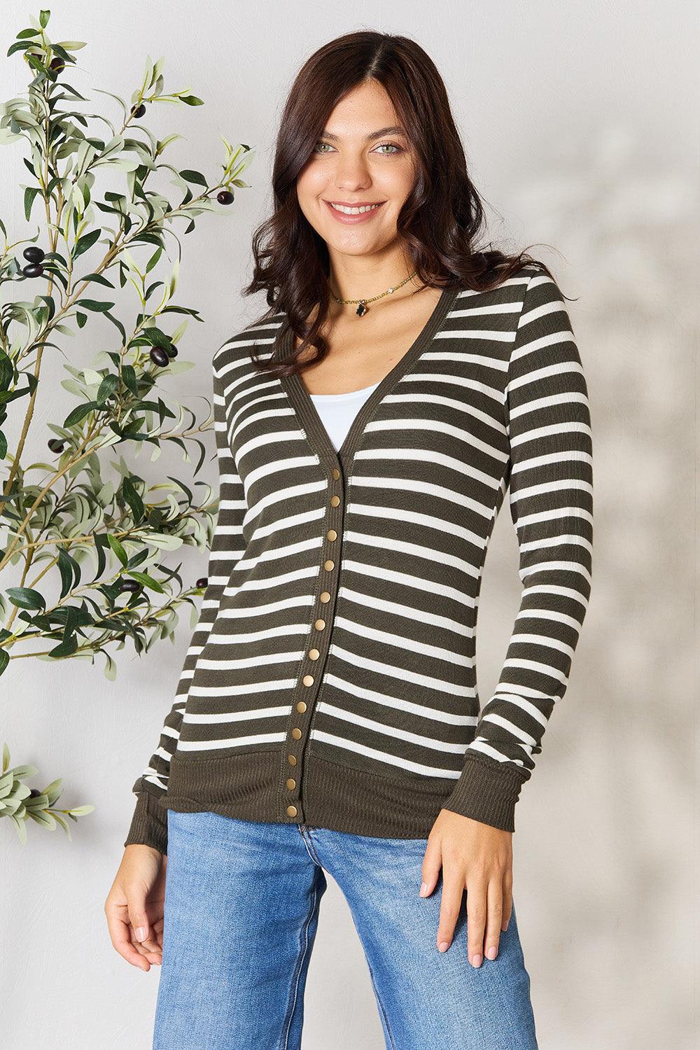 Zenana Full Size Striped Snap Down Cardigan