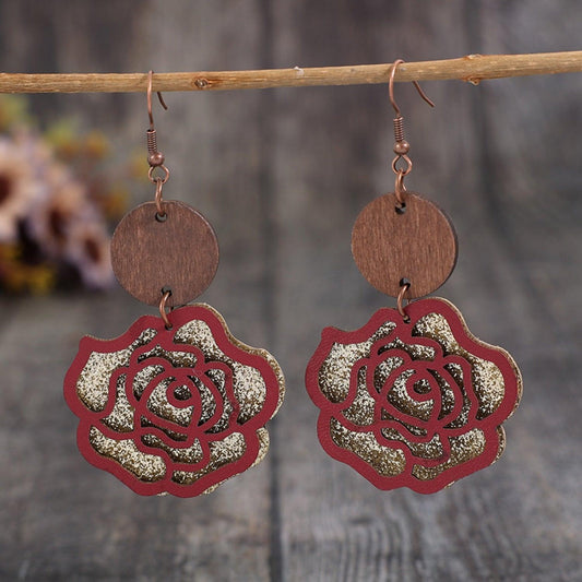 Wooden Alloy Rose Shape Dangle Earrings Carauana Store