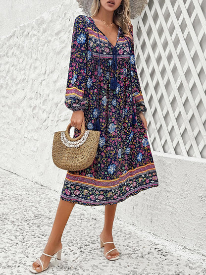 Tassel Tied Printed Long Sleeve Dress