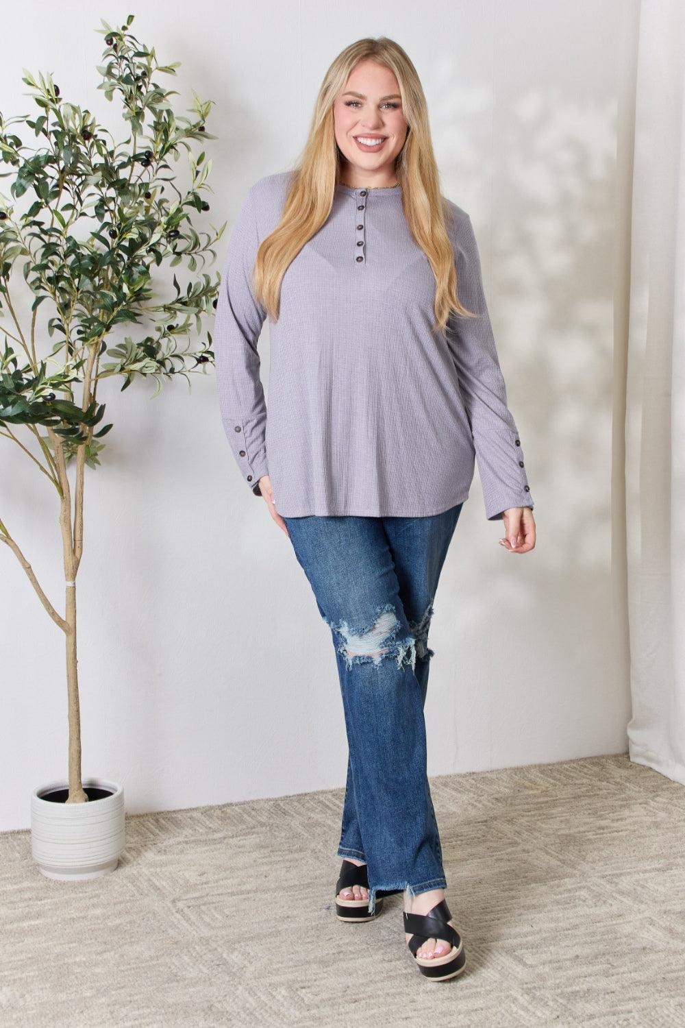 Heimish Full Size Texture Half Button Long Sleeve Top