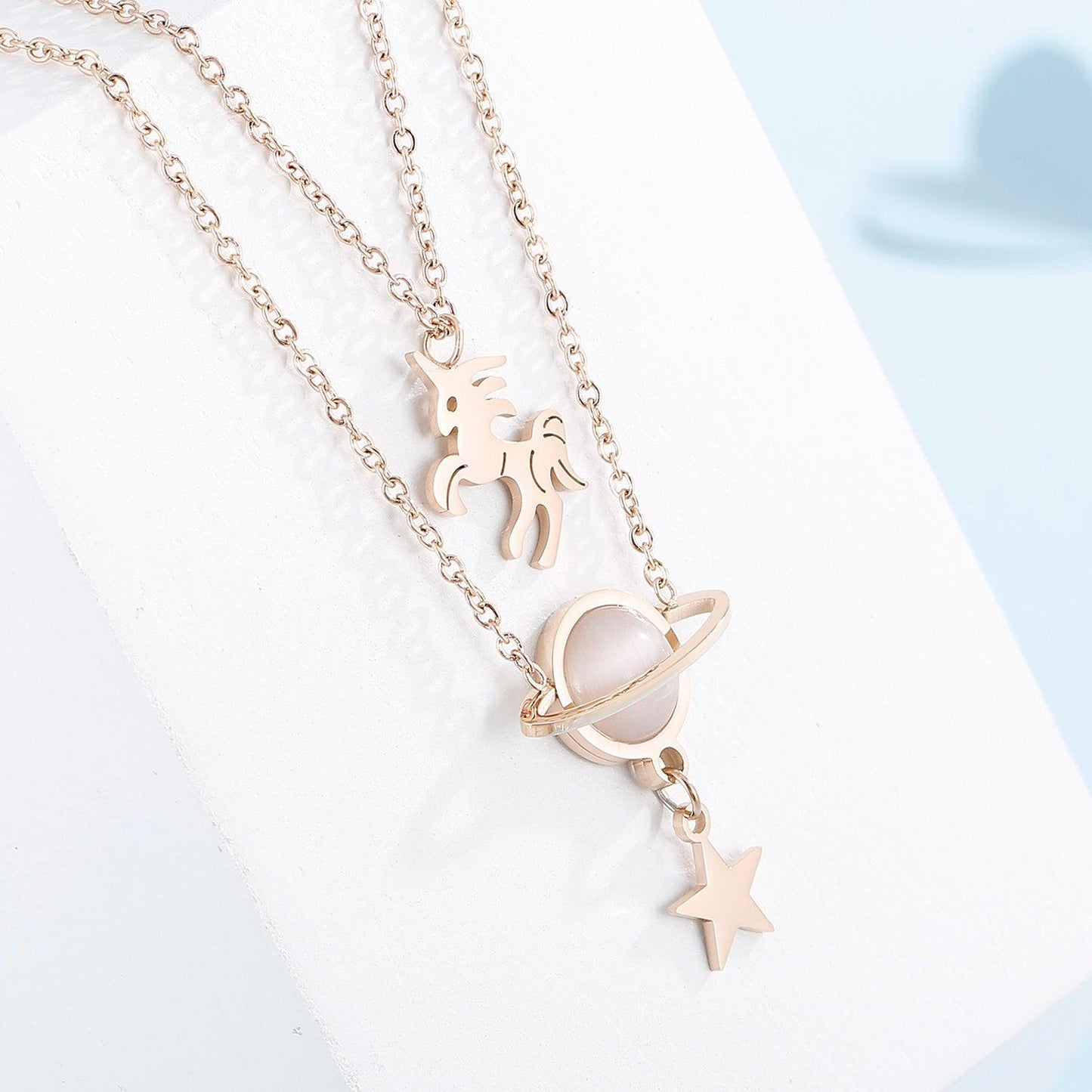 Unicorn and Star Shape Double-Layered Pendant Necklace