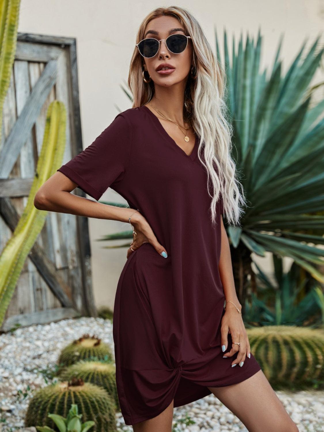 V-Neck Short Sleeve Mini Dress