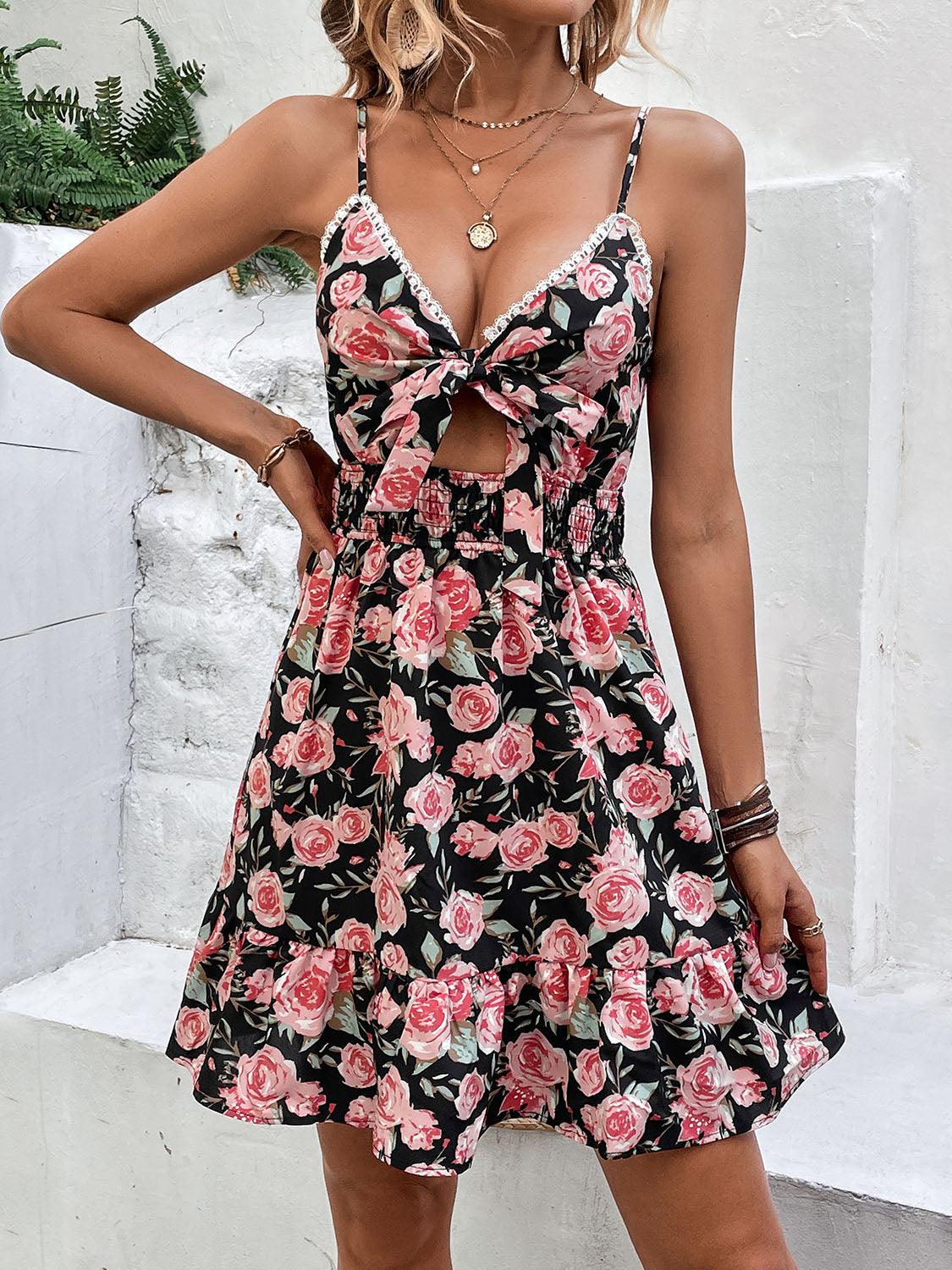 Tied Rose Print Spaghetti Strap Dress