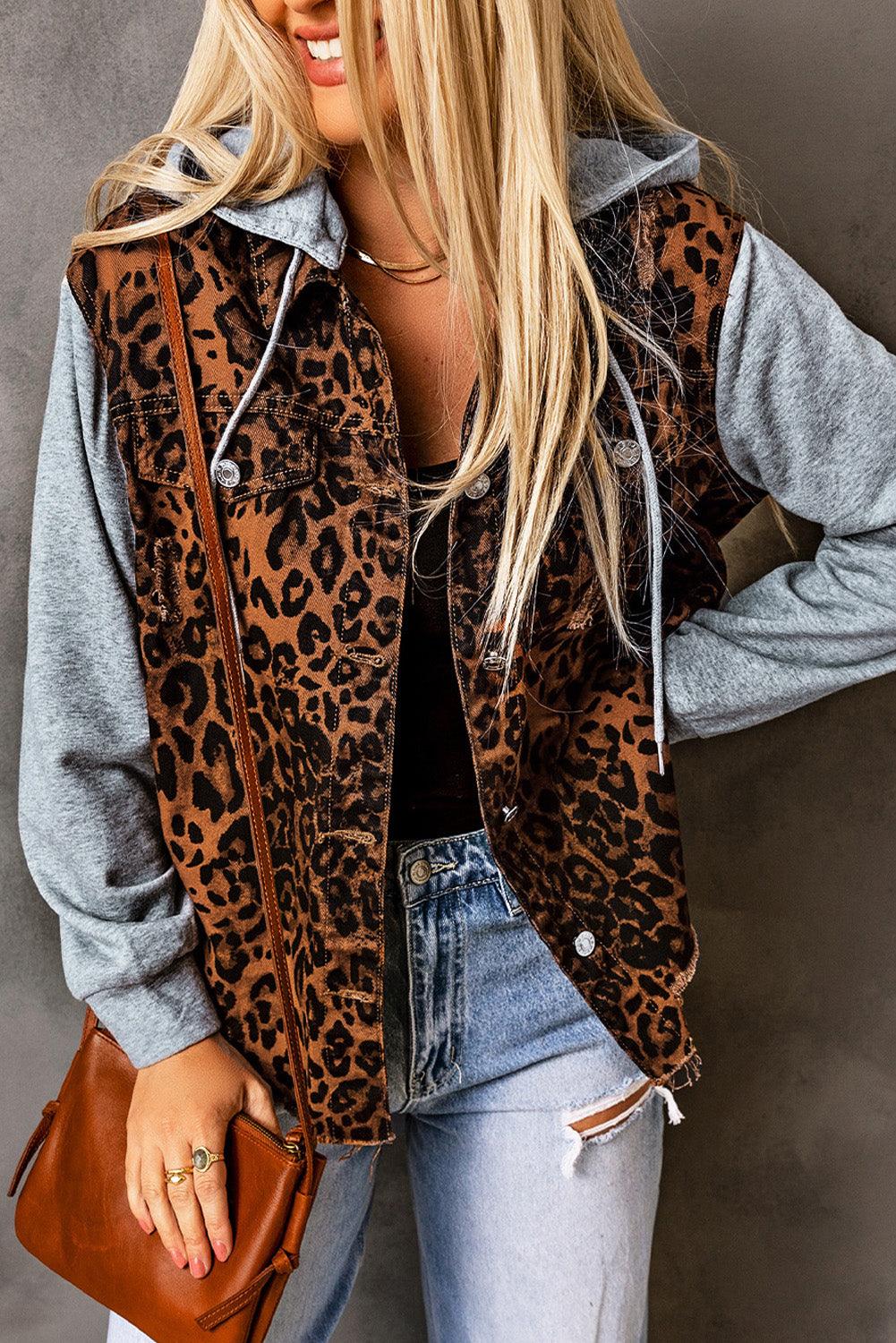 Leopard Distressed Drawstring Hooded Denim Jacket