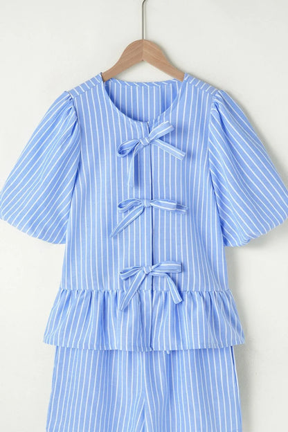 Striped Bowknot Detail Puff Sleeve Top and Shorts Set Carauana Store