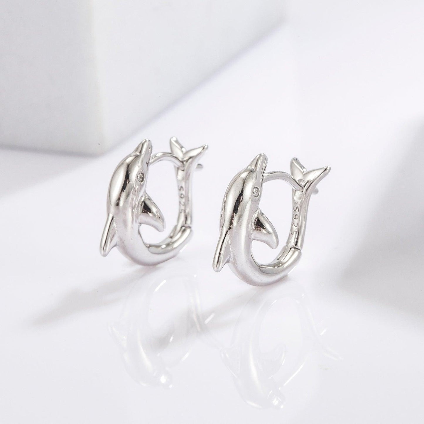 925 Sterling Silver Zircon Dolphin Earrings