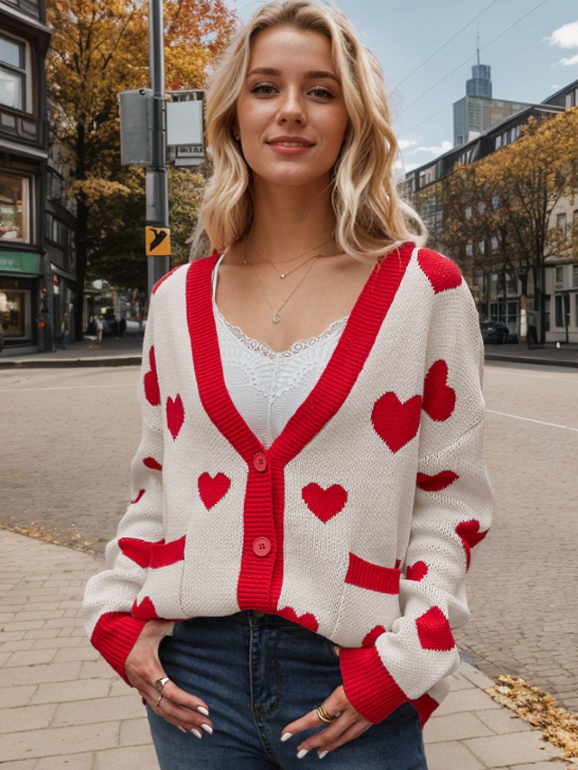 Heart Button Up Dropped Shoulder Long Sleeve Cardigan