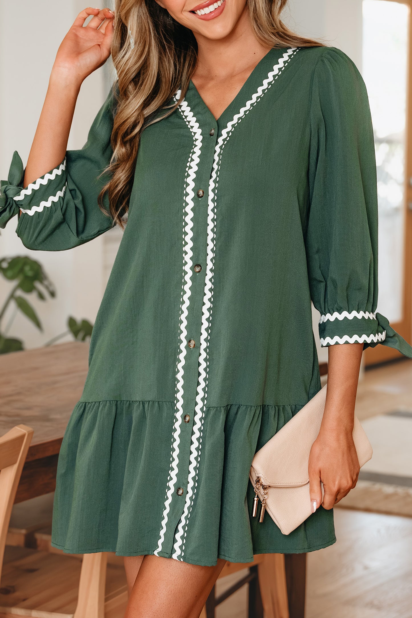 Canton Contrast Ricrac Trim Button V Neck Knotted Bracelet Sleeve Shift Dress CaRaUaNa Fashion