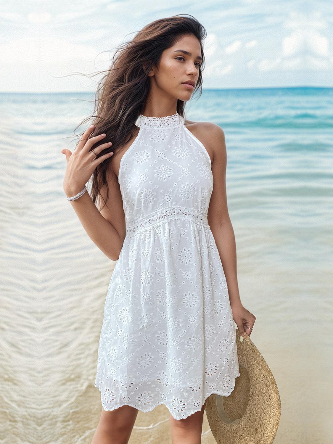 Eyelet Grecian Neck Mini Dress