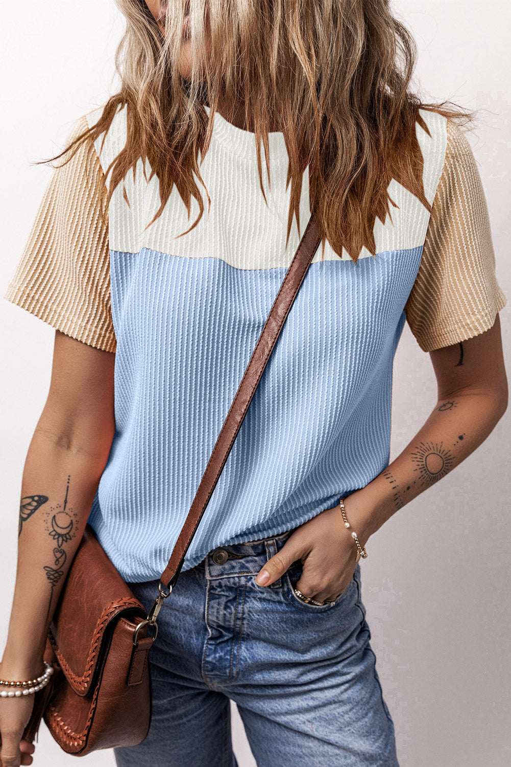 Light Blue Rib Textured Colorblock T Shirt CaRaUaNa Fashion