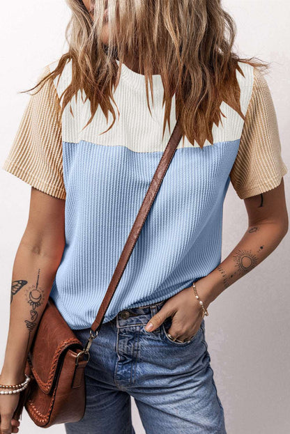 Light Blue Rib Textured Colorblock T Shirt CaRaUaNa Fashion