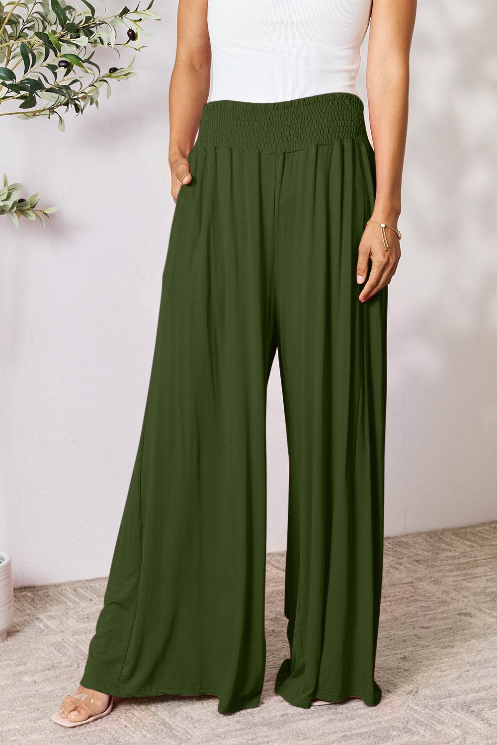 Double Take Full Size Smocked Wide Waistband Wide Leg Pants CaRaUaNa Fashion