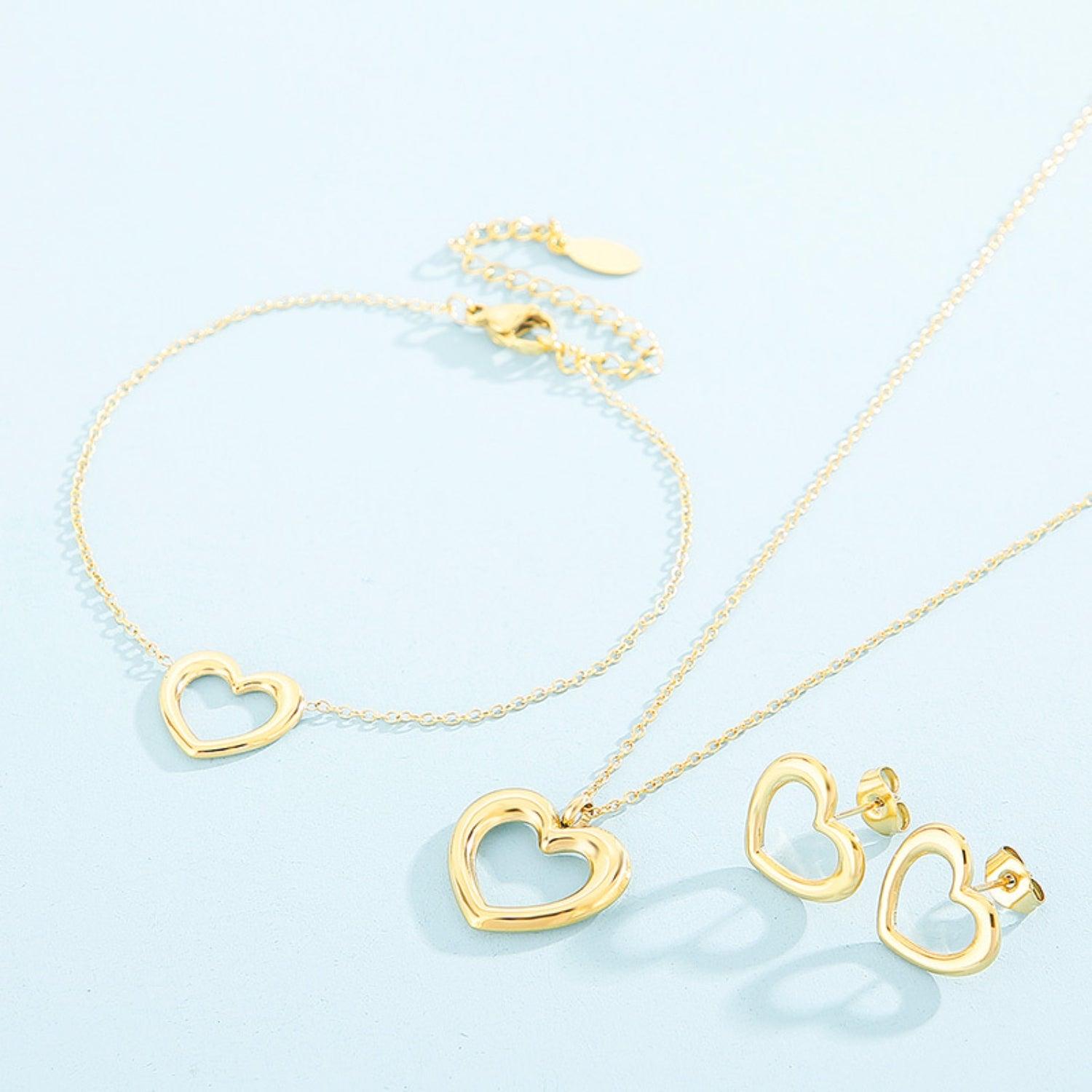 Heart Pendant Necklace, Bracelet and Stud Earrings Jewelry Set