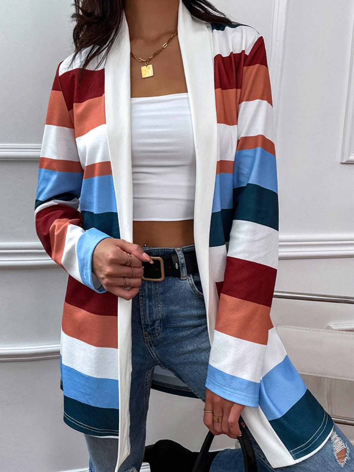 Shiny Color Block Open Front Cardigan