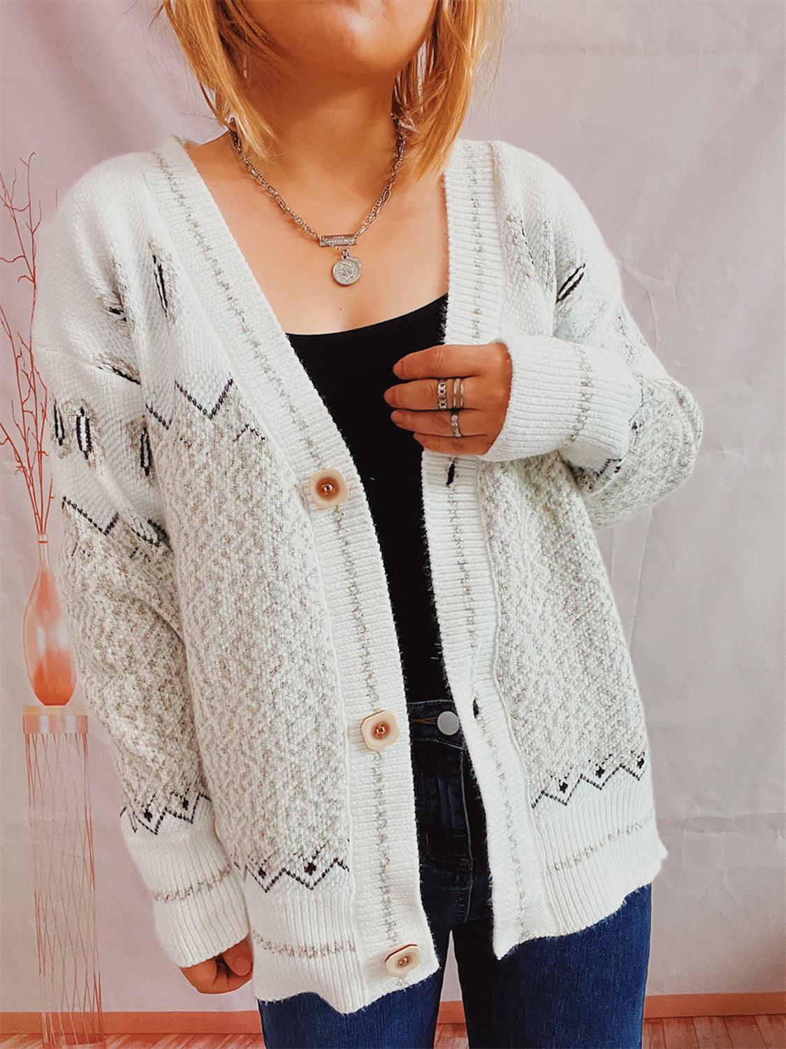 Geometric Button Front Long Sleeve Cardigan