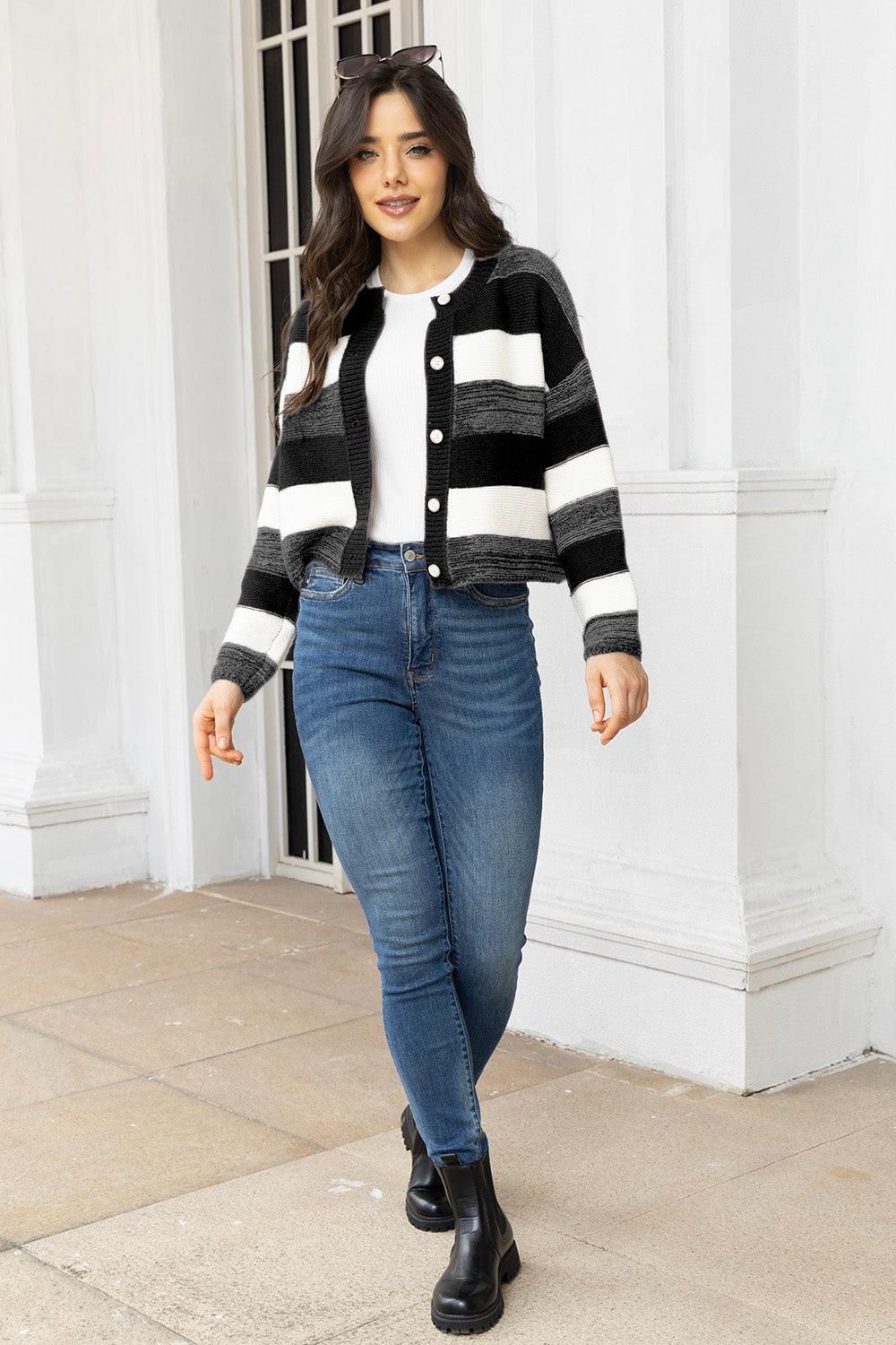 Striped Button Up Long Sleeve Cardigan