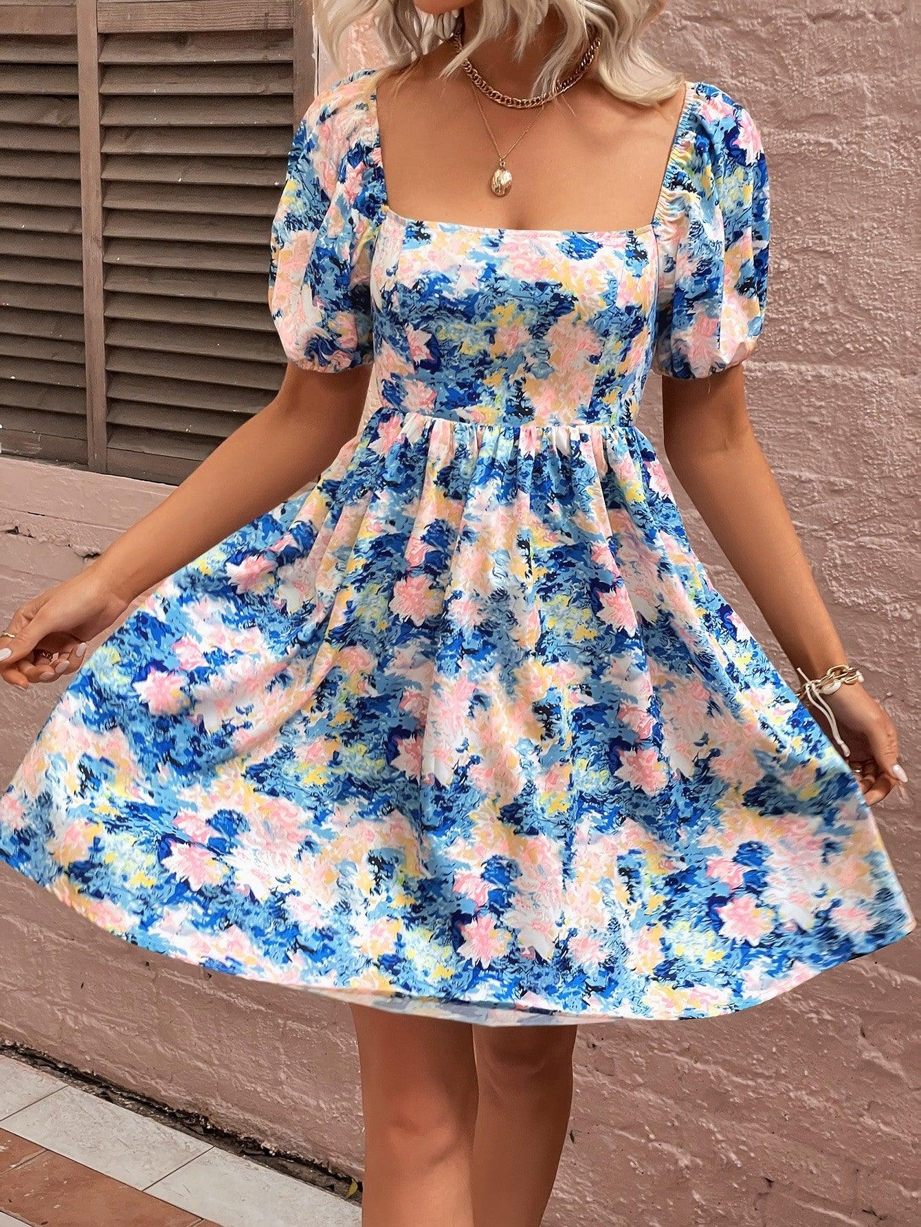 Floral Square Neck Puff Sleeve Dress