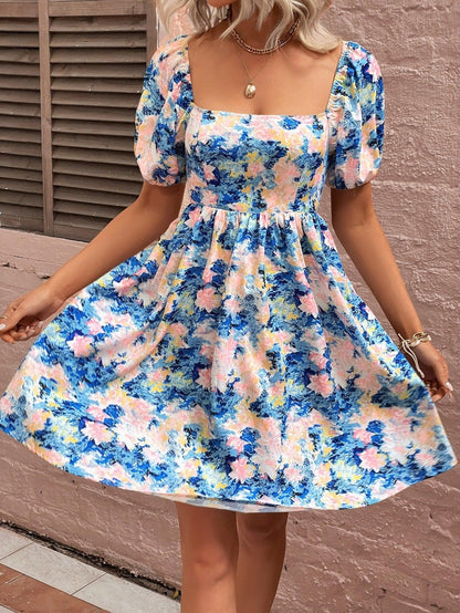 Floral Square Neck Puff Sleeve Dress