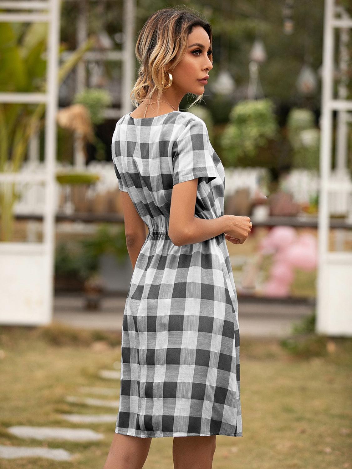 Smocked Plaid Round Neck Short Sleeve Dress