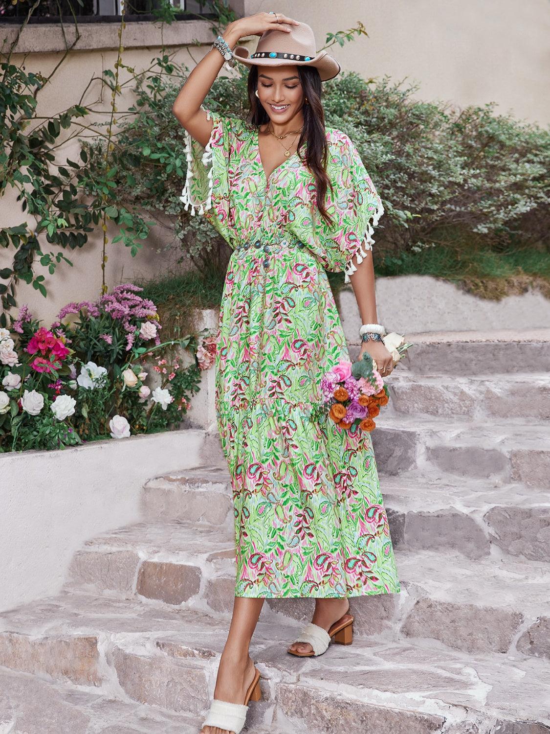 Smocked Floral V-Neck Short Sleeve Dress