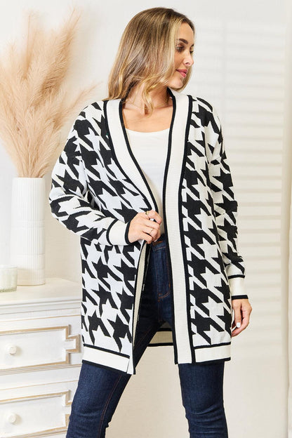 Mandy Woven Right Houndstooth Open Front Longline Cardigan