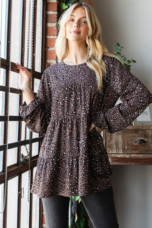 Heimish Leopard Long Sleeve Tiered Blouse Carauana Store