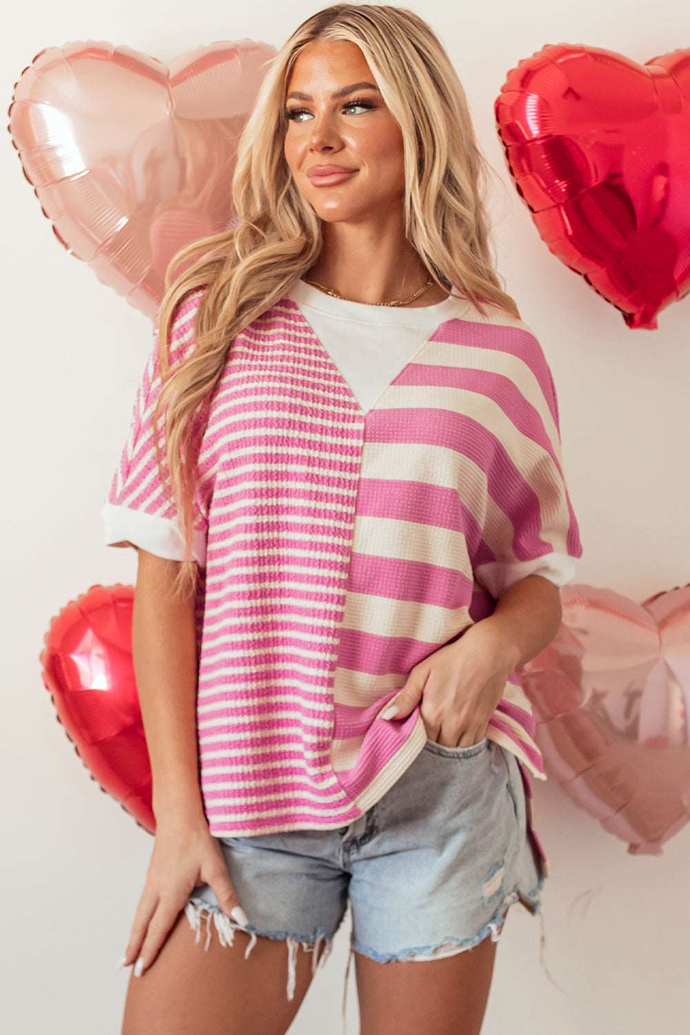 Pink Stripe Patchwork Textured Short Sleeve High Low Loose Top CaRaUaNa Fashion