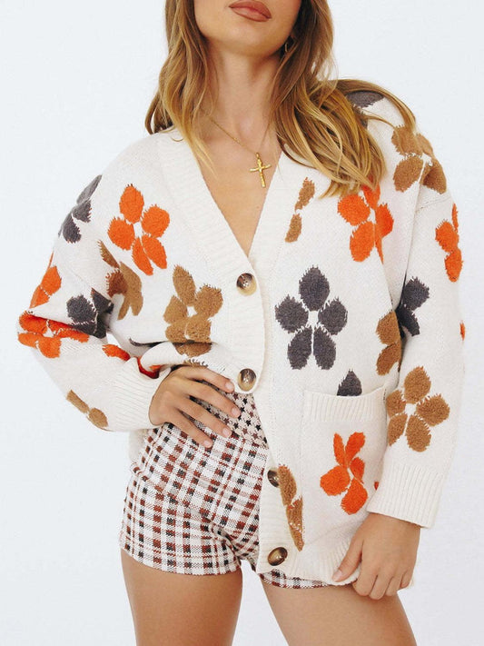 Floral V-Neck Button Up Long Sleeve Cardigan Carauana Store