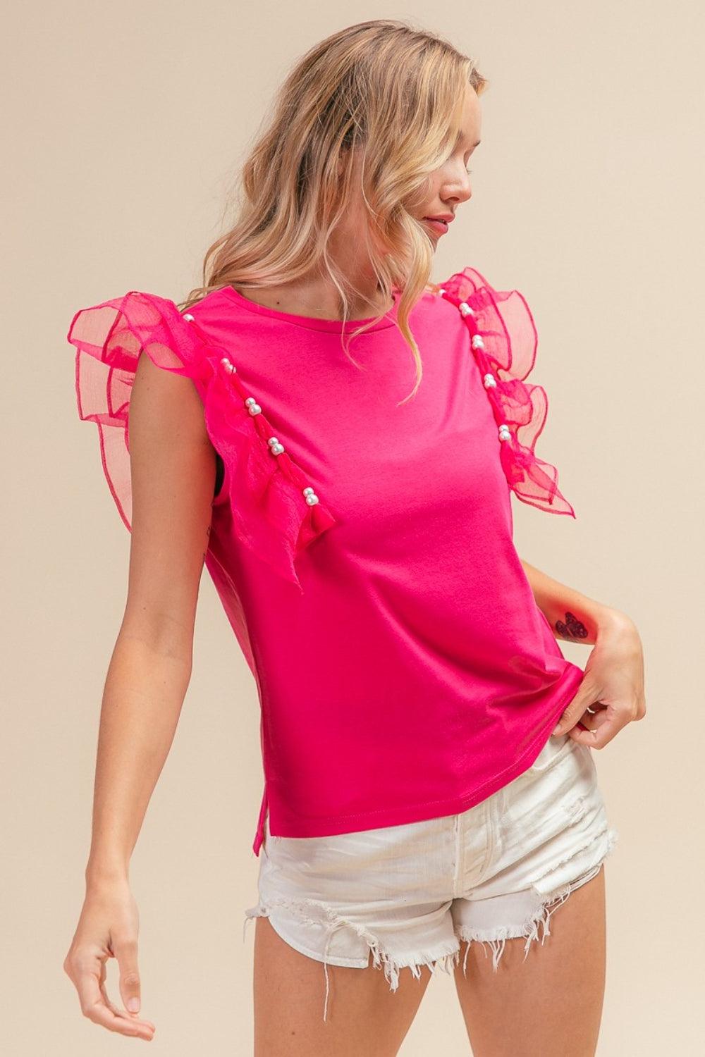 BiBi Pearl Decor Mesh Ruffle Sleeve Top Carauana Store