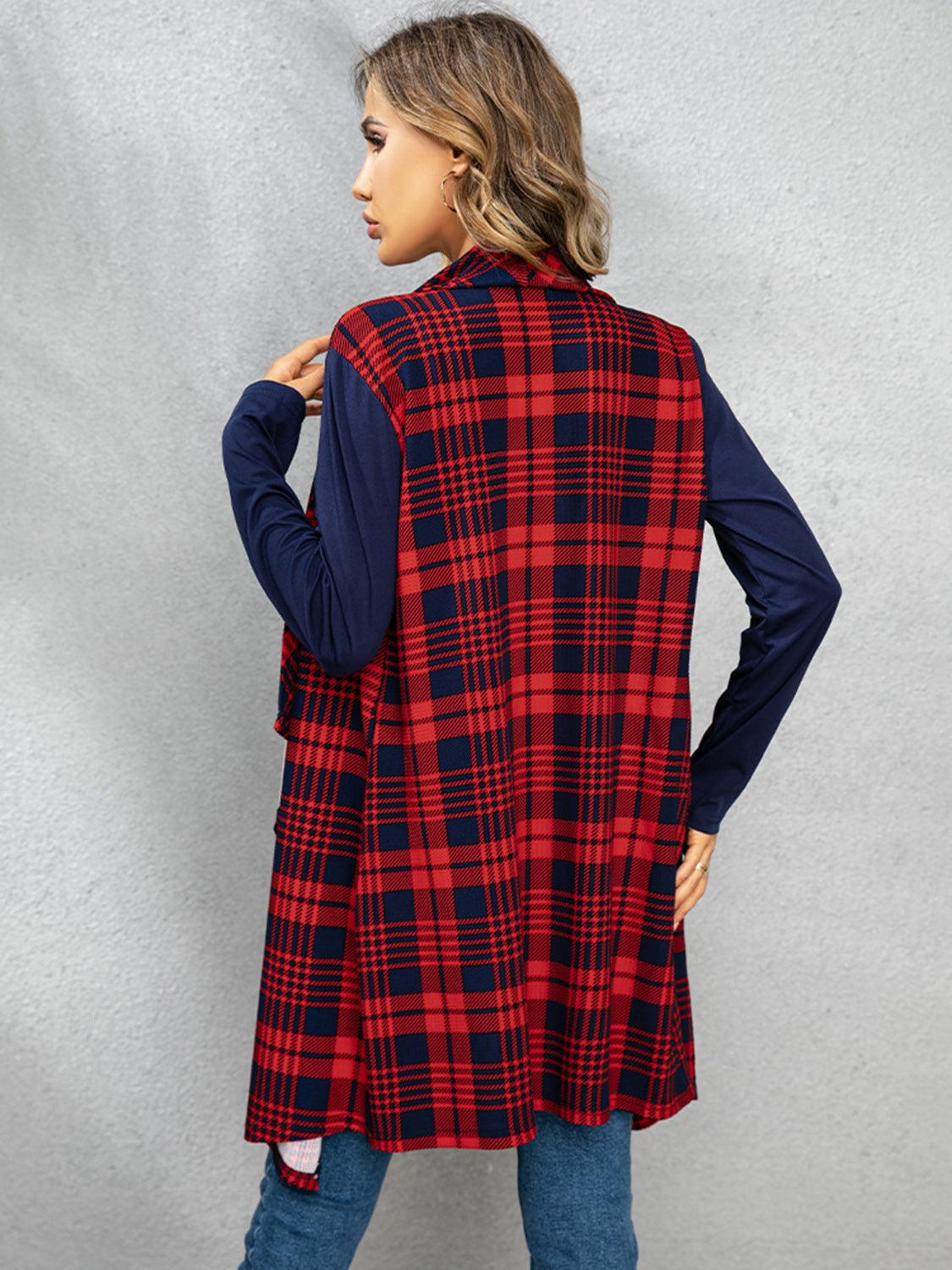 Shiny Plaid Open Front Cardigan